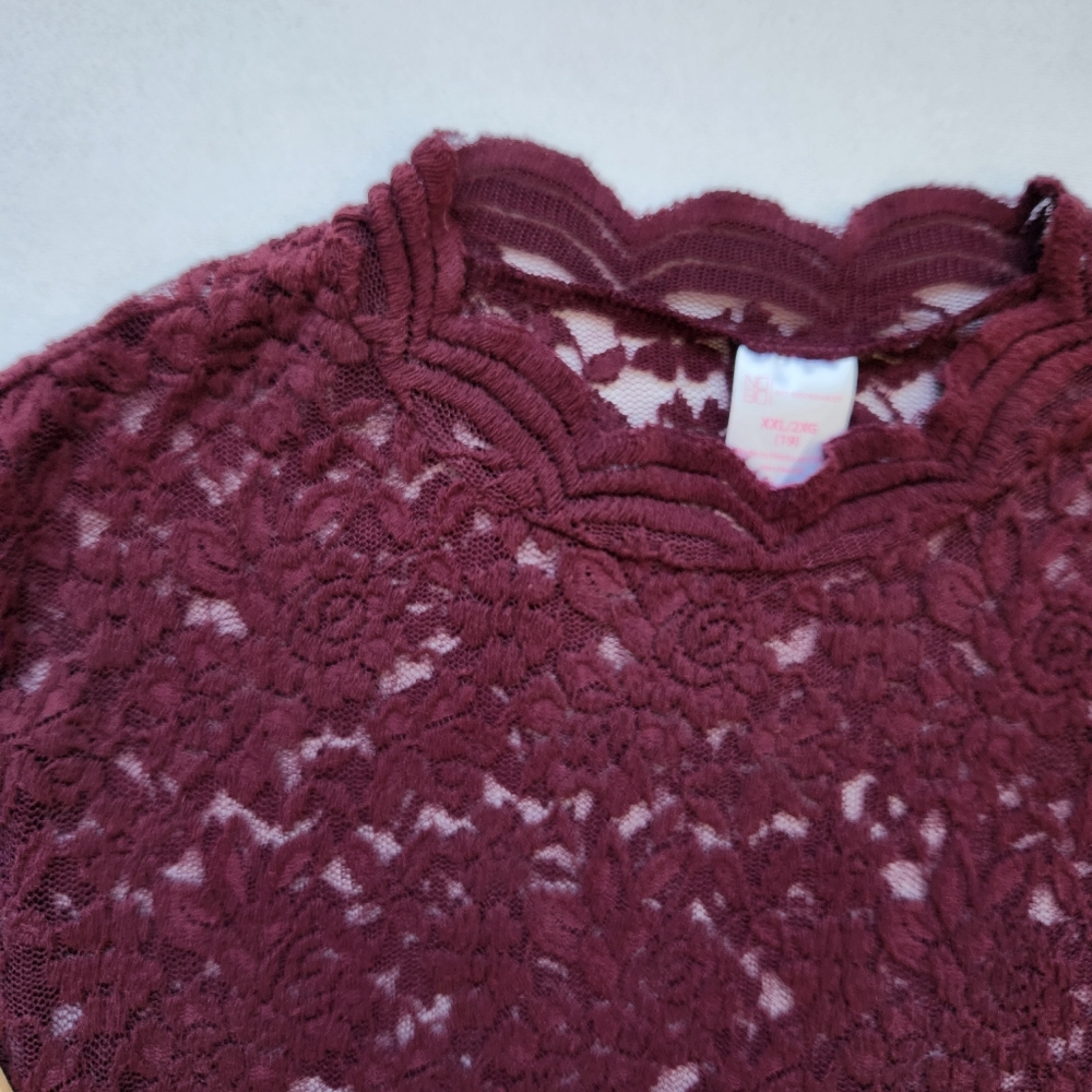 Lace Sheer Top Stretchy Whimsigoth Short Sleeve Maroon Burgundy Oxblood Pretty - Picture 7 of 14